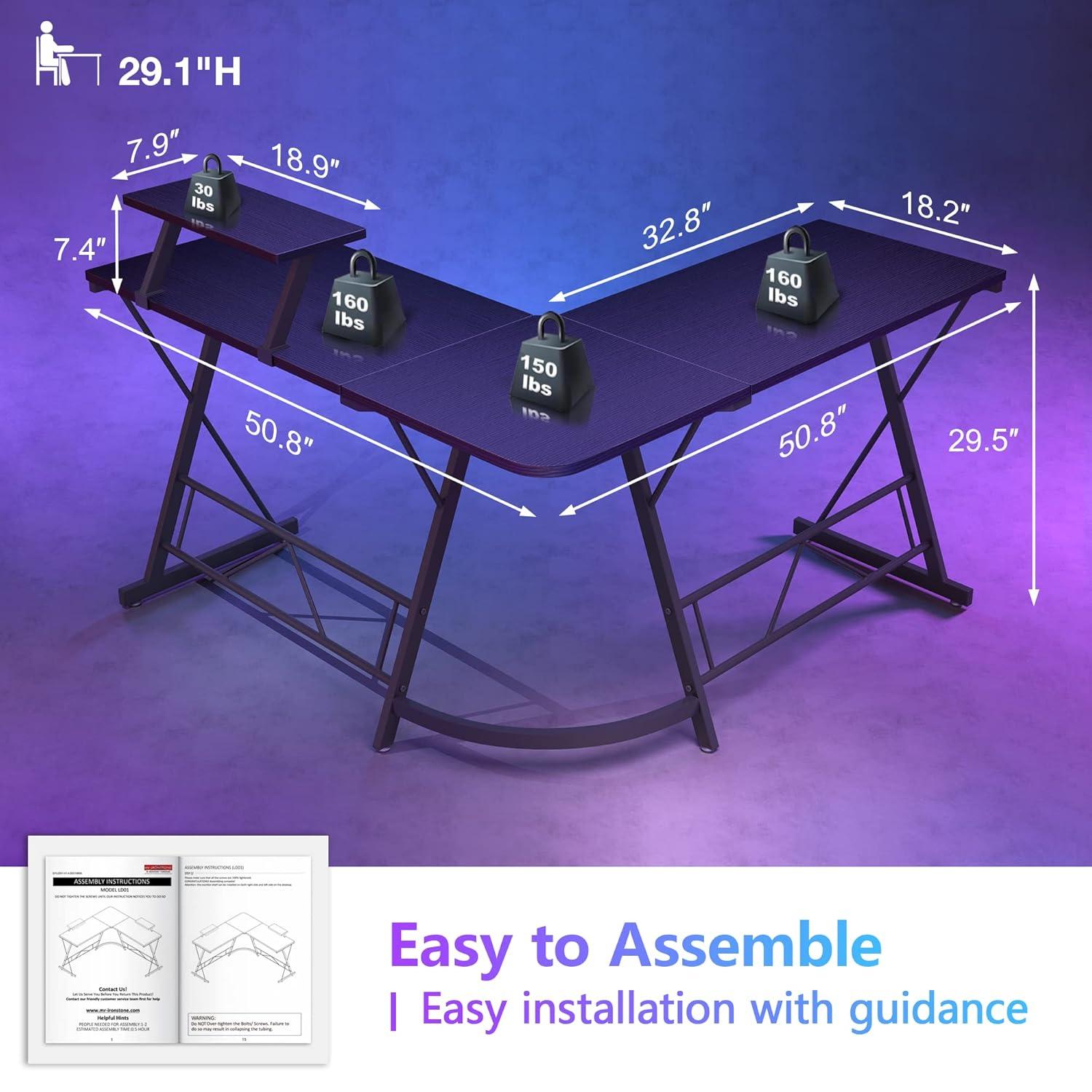 Mr Ironstone L Shaped Gaming Desk Corner Computer Desk, Home Office Desks Writing Workstation with Large Monitor Stand (51 Inch)