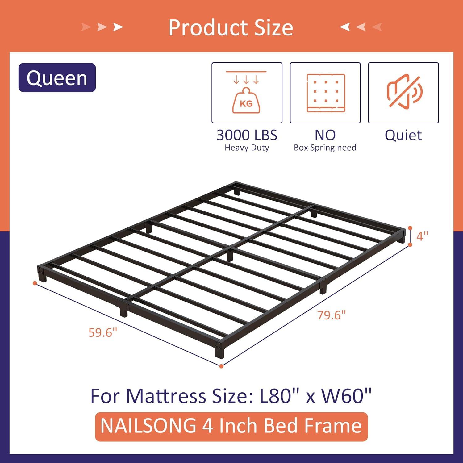 Black Metal Low Profile Queen Bed Frame with Reinforced Slats