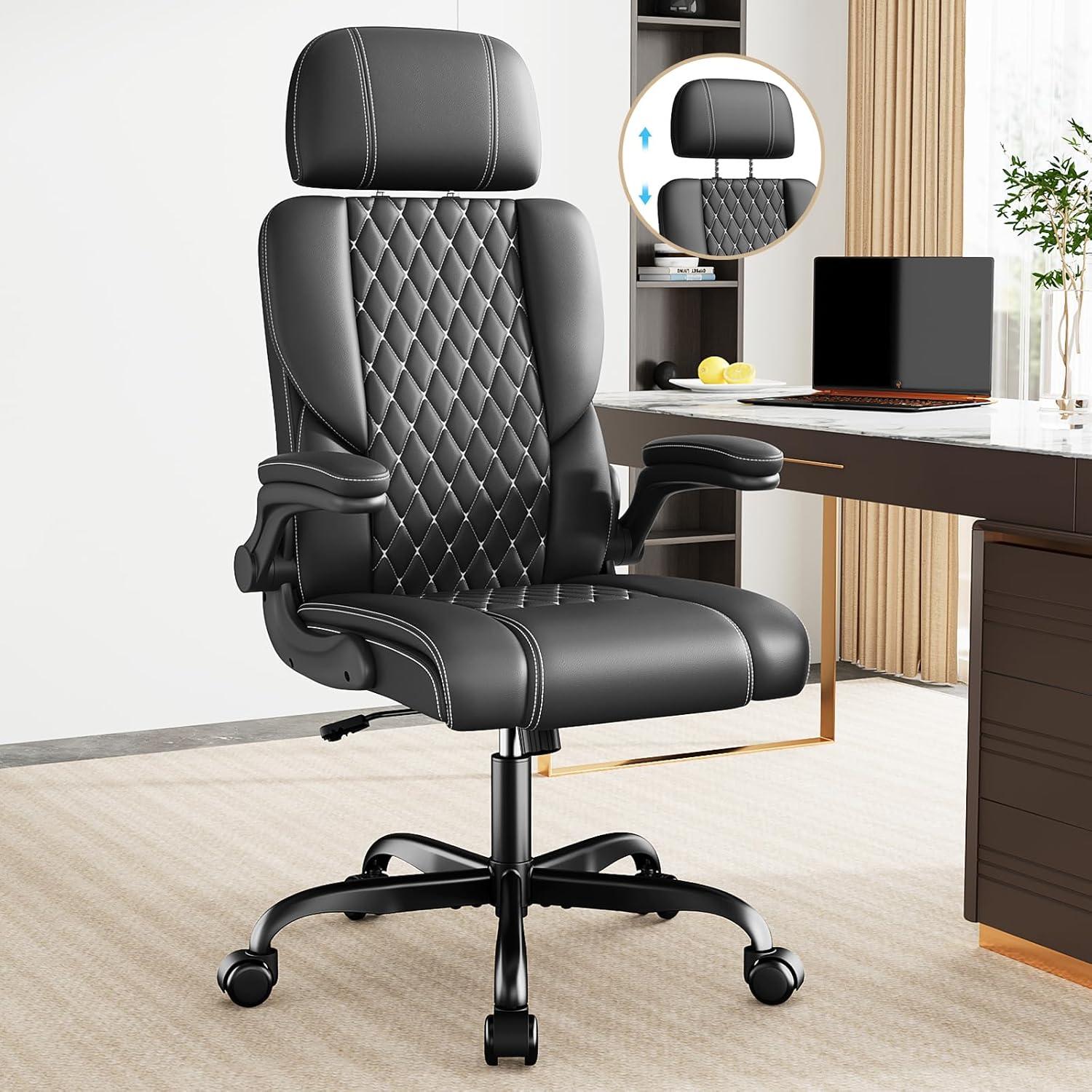 Sytas Executive Leather Office Chair, Comfy Desk Chair with Adjustable Headrest & Flip-up Padded Arms & Lumbar Support, Adjustable Hight and Tilt, Rolling Swivel Chair, Black