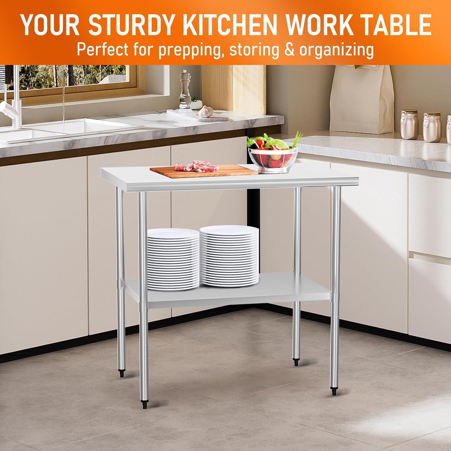 ROVSUN 36'' x 24'' Stainless Steel Table for Prep & Work, Metal Table with Undershelf for Kitchen Restaurant, Home