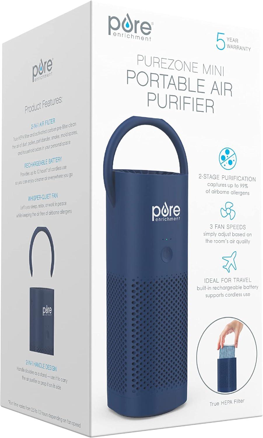 Pure Enrichment Pure Zone Mini Personal Air Purifier Blue: HEPA Filter, USB Powered, Captures Dust & Smoke, 5-Year Warranty