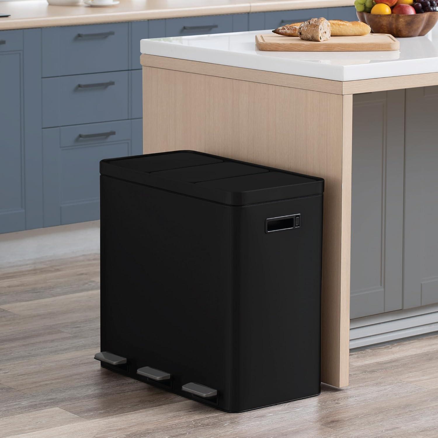 Black Stainless Steel 15.8 Gal. Step-On Kitchen Trash Can with Three Compartments