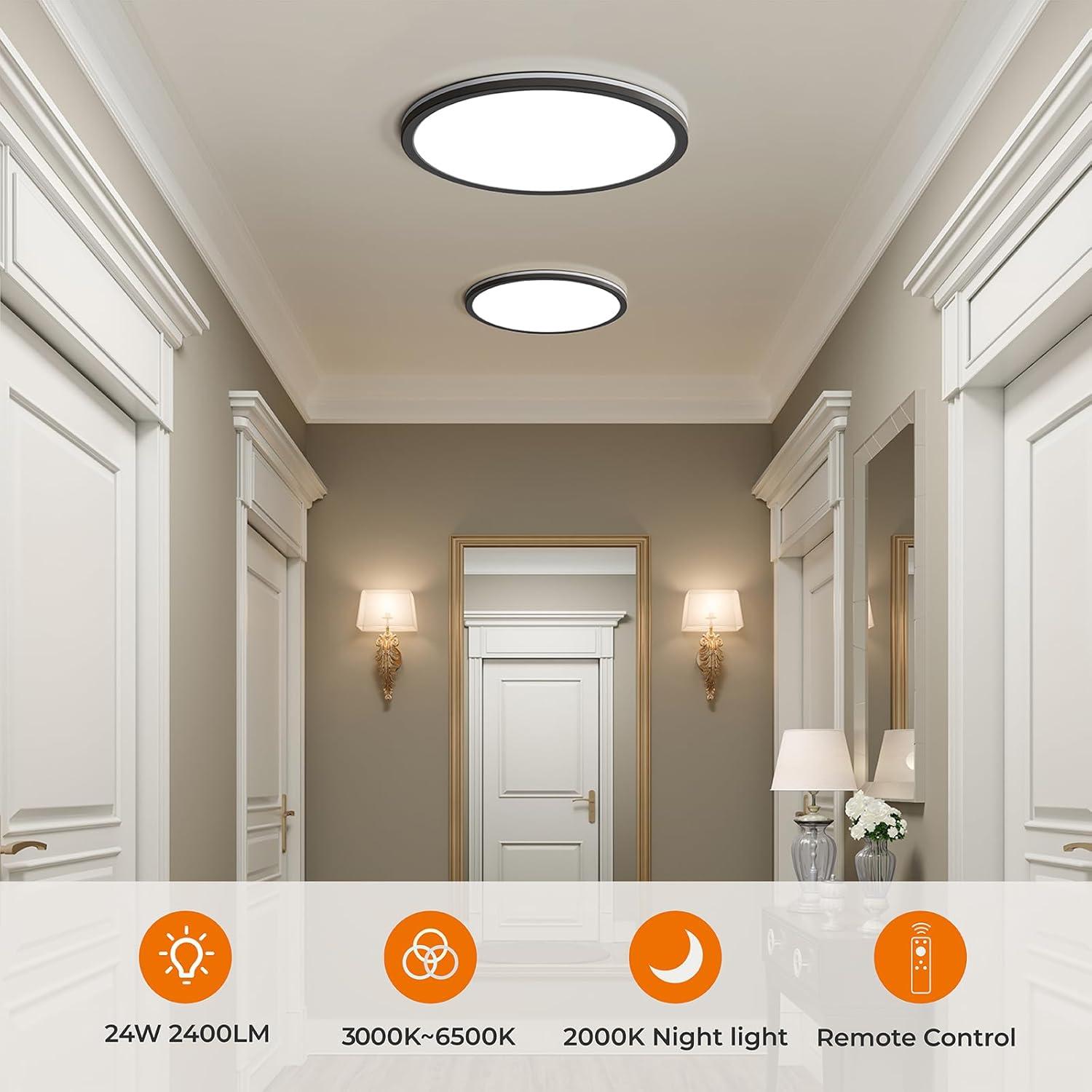 Roomratv Flush Mount Ceiling Light Fixture with Remote Control, Nightlight Warm 3000K, Hardwired 12Inch 28W Round, 3000K-6500K Light Color Changeable, Brightness Adjustable