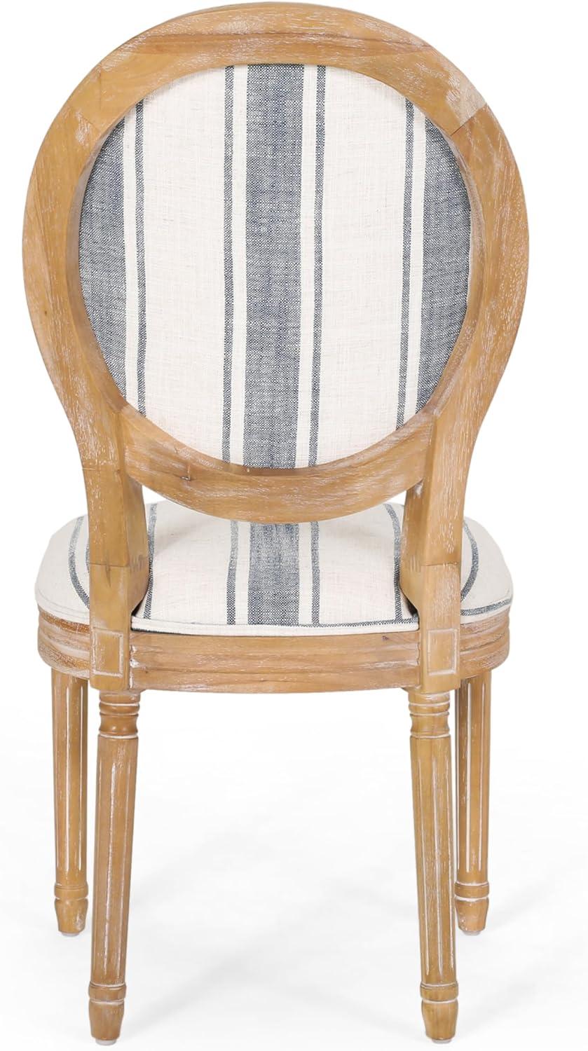 Set of 2 French Country Dark Blue Striped Upholstered Dining Chairs