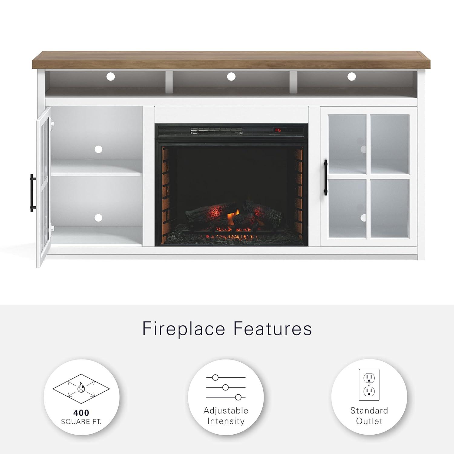Hampton 74" White Wood TV Stand with Fireplace