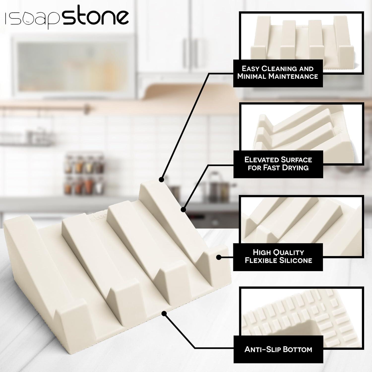 iSoapStone Premium Self-Draining Silicone Soap Dish: Waterfall Bar Holder Tray with Drain Saver, Anti-Slip Kitchen & Bathroom Accessory for Sponges and Bar Soaps - Patent-Pending Design (Light Grey)