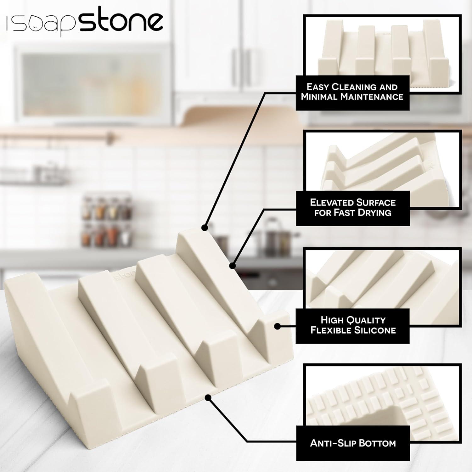iSoapStone Premium Self-Draining Silicone Soap Dish: Waterfall Bar Holder Tray with Drain Saver, Anti-Slip Kitchen & Bathroom Accessory for Sponges and Bar Soaps - Patent-Pending Design (Light Grey)