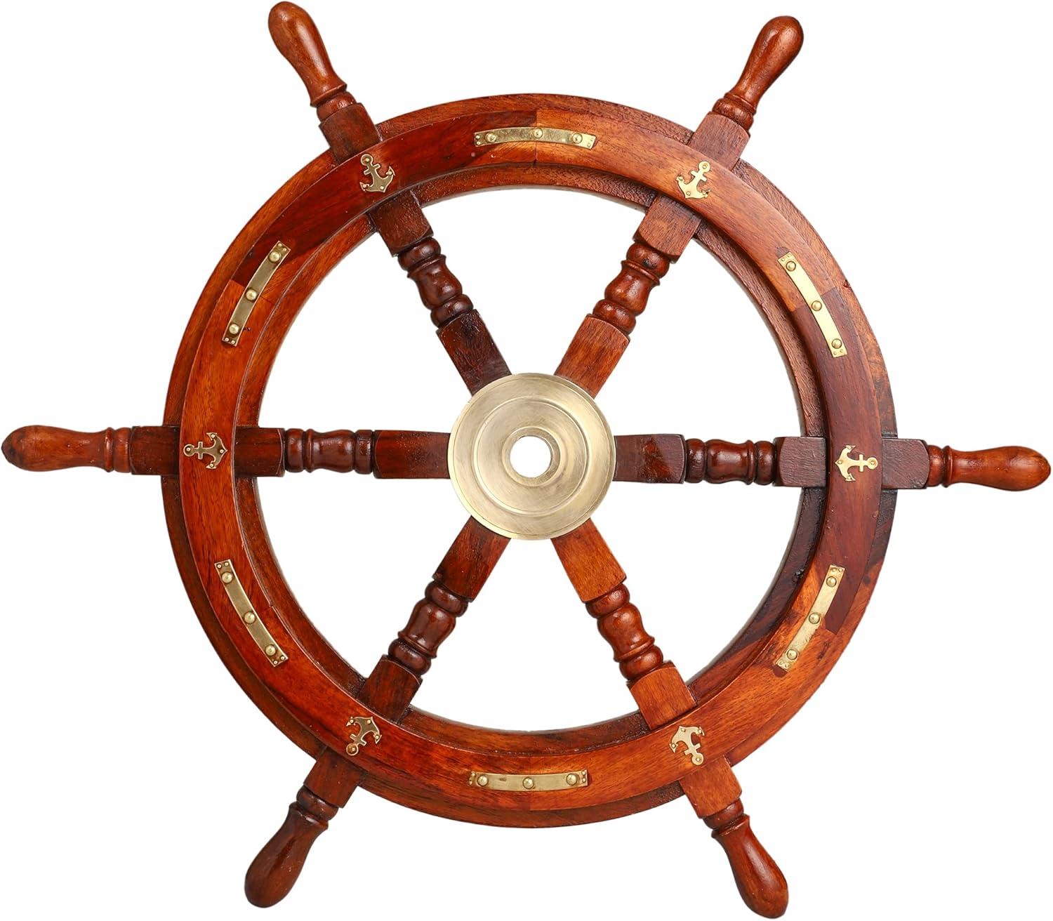 24" Dark Rosewood and Brass Nautical Ship Wheel Decor