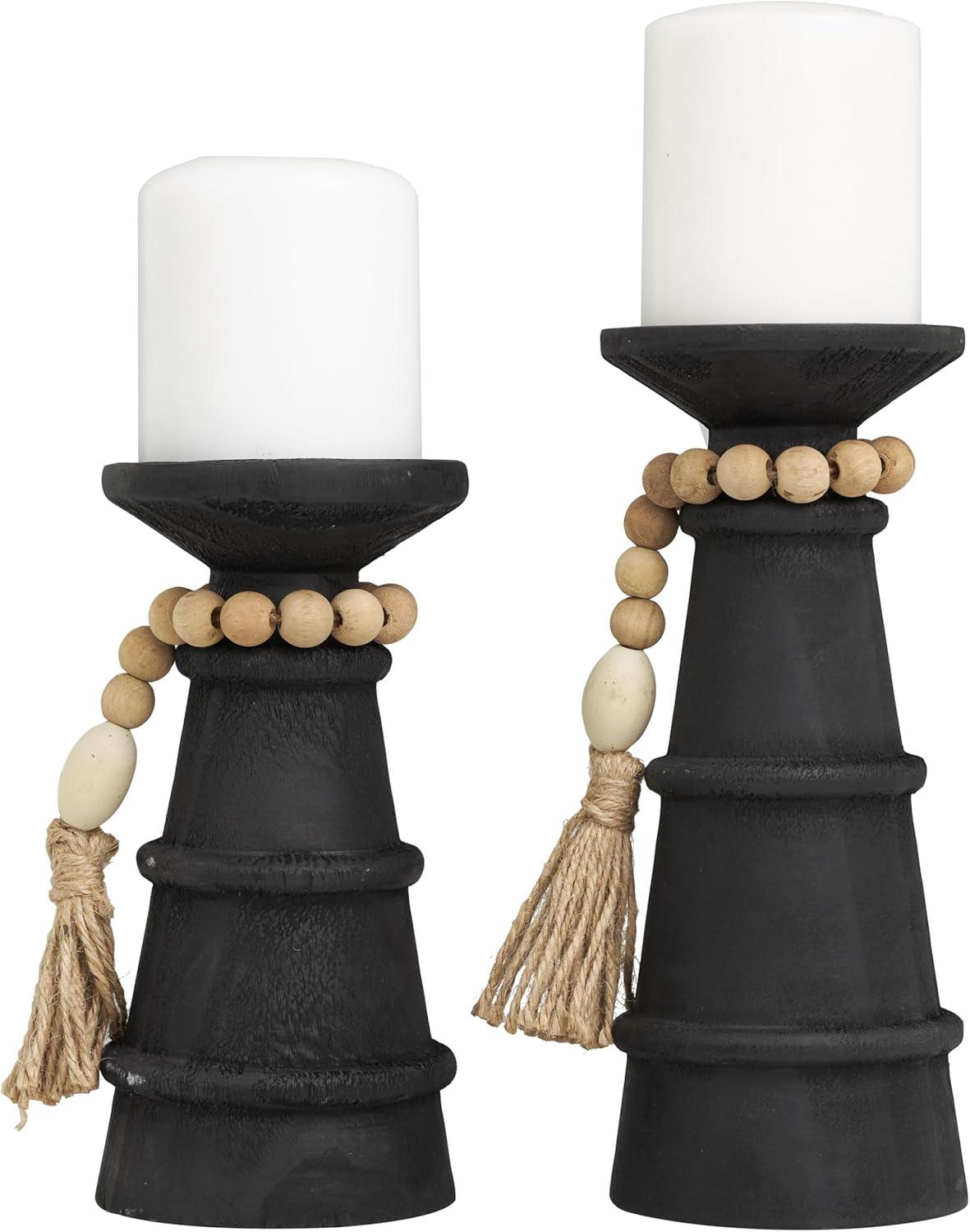 DecMode 2-Slot Brown Wood Tealight Hurricane Lamp, Set of 2