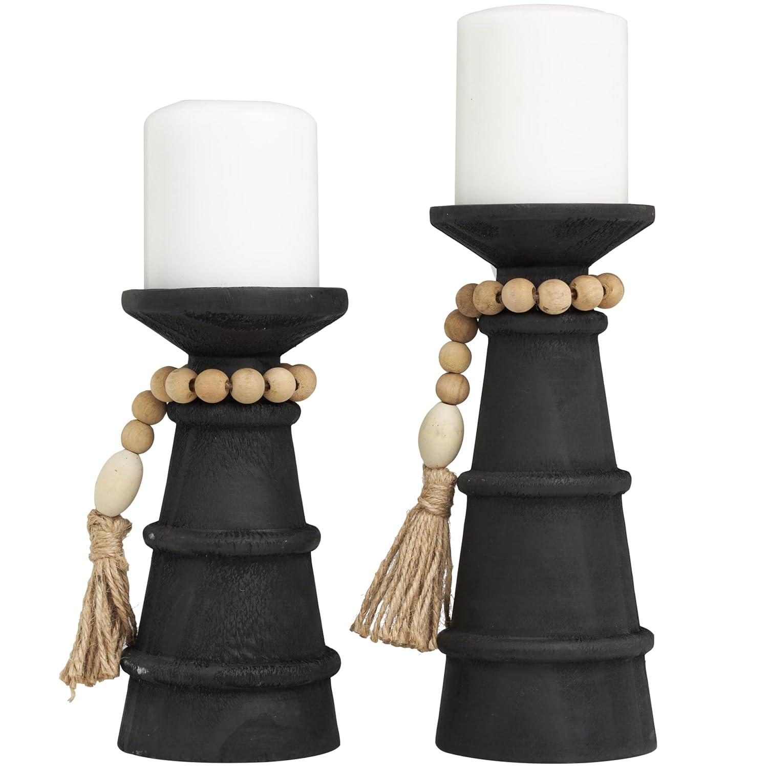 DecMode 2-Slot Brown Wood Tealight Hurricane Lamp, Set of 2