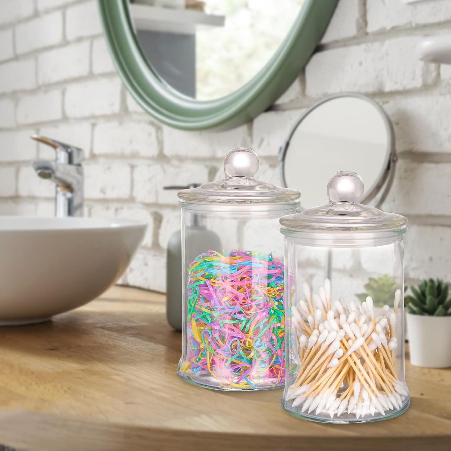 3 Pack Glass Apothecary Jars with Lids, 25oz Clear Bathroom Accessories Canisters Storage Organizer, Cotton Ball Holder Containers, Glass Jars for Bathroom, Vanity, Laundry Room