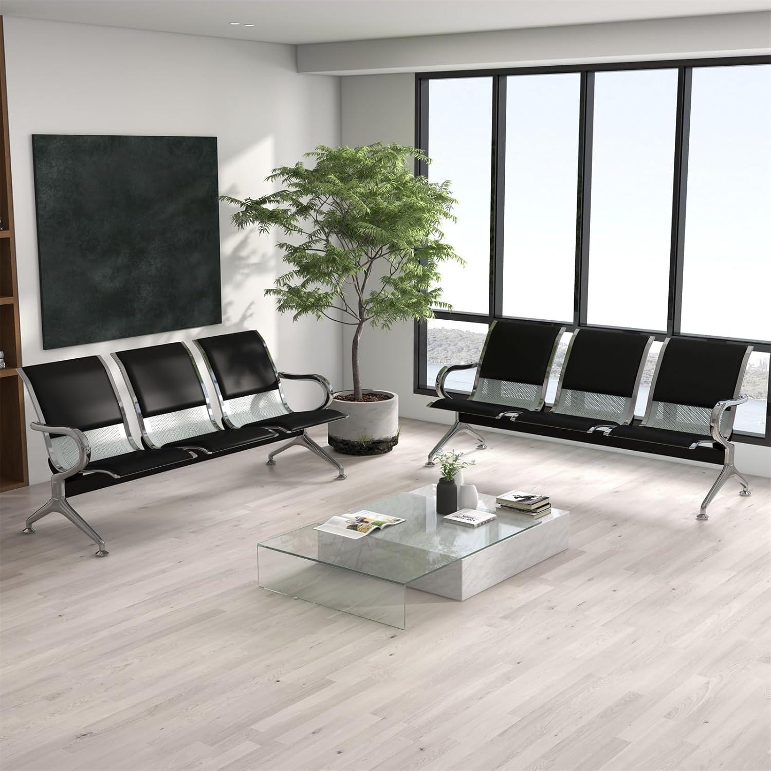 Kinbor Waiting Room Chairs, 3-Seat Reception Chairs Office Guest Waiting Furniture Bench Seating for Airport Bank Hospital, Black