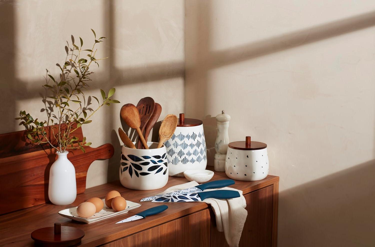 Blue and White Porcelain Canister Set with Wooden Lids