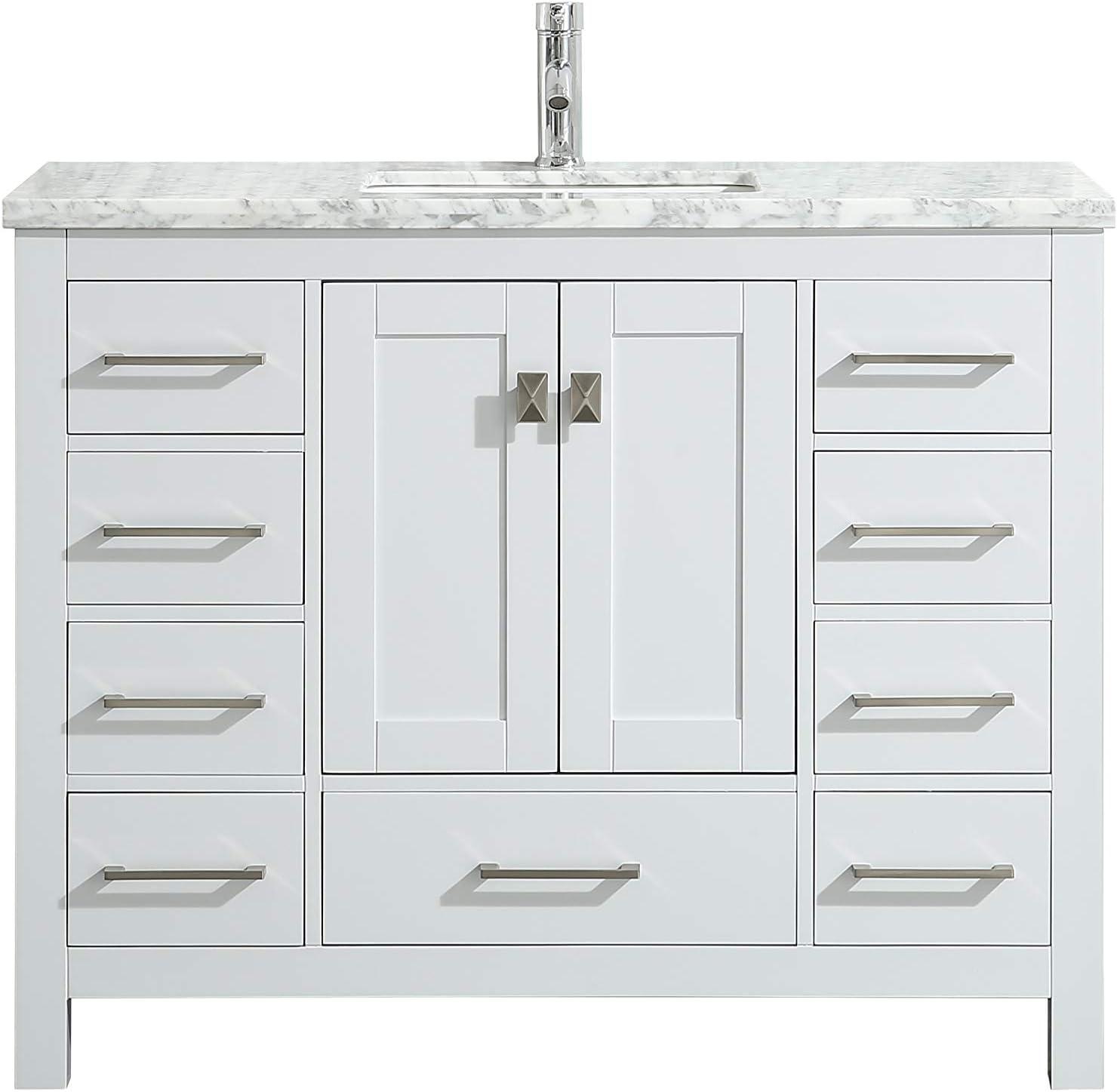 Eviva London 42"W x 18"D White Bathroom Vanity with White Carrara Quartz Countertop and Undermount Porcelain Sink