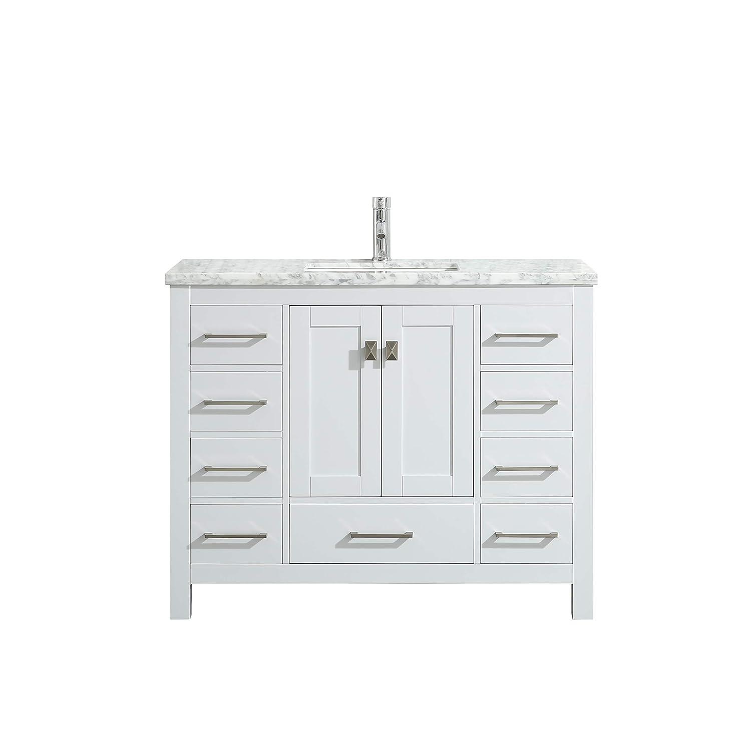 Eviva London 42"W x 18"D White Bathroom Vanity with White Carrara Quartz Countertop and Undermount Porcelain Sink
