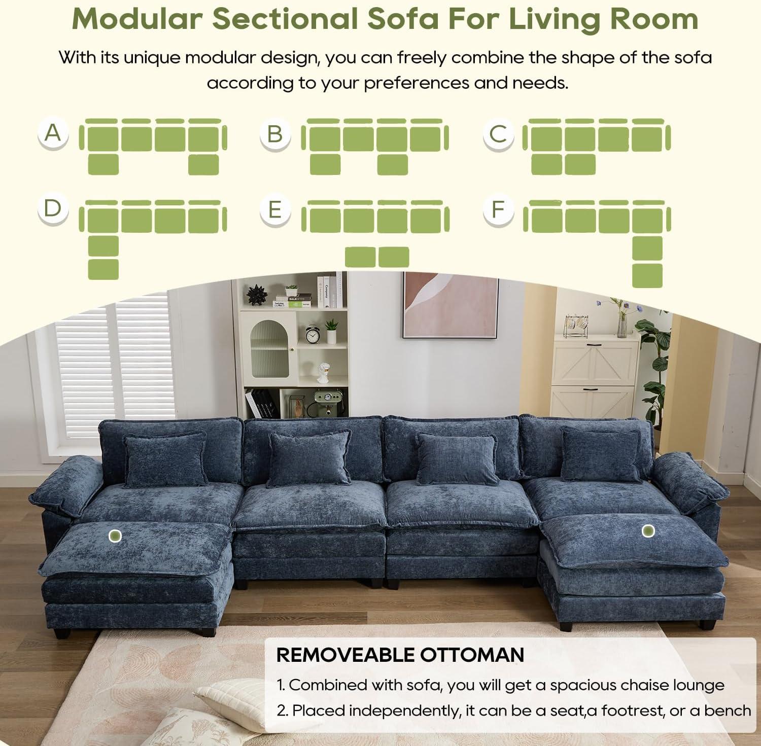 Carbaugh 154" Oversized U Shaped Sectional Sofa, Comfy Cloud Couch Deep Sectional Sofa with Ottomans for Living Room
