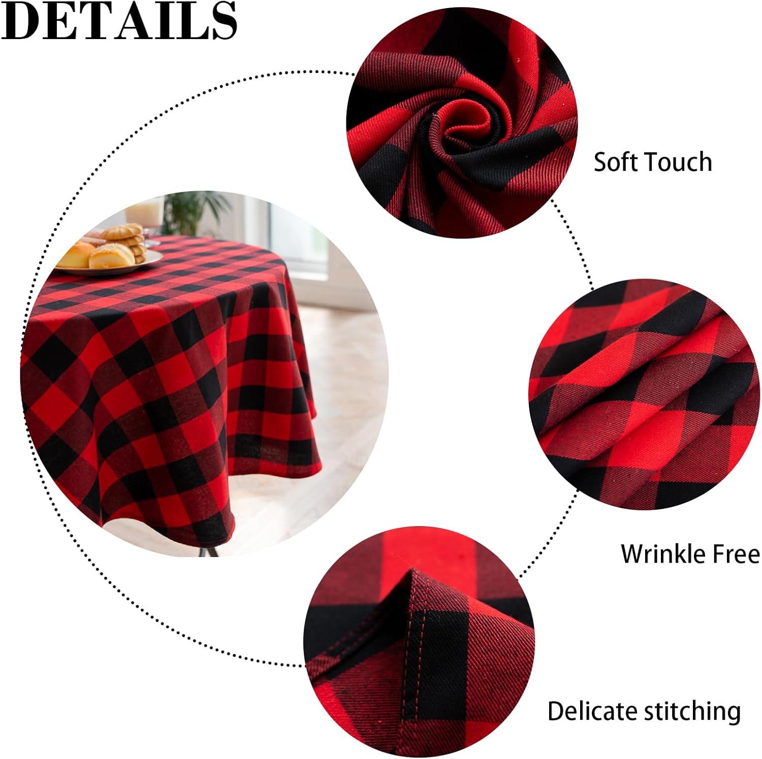 Buffalo Plaid Round Tablecloth Checkered Cotton Linen Table Cover for Kitchen Dining Room Home Decor ( Round - 48 Inch, White & Black )