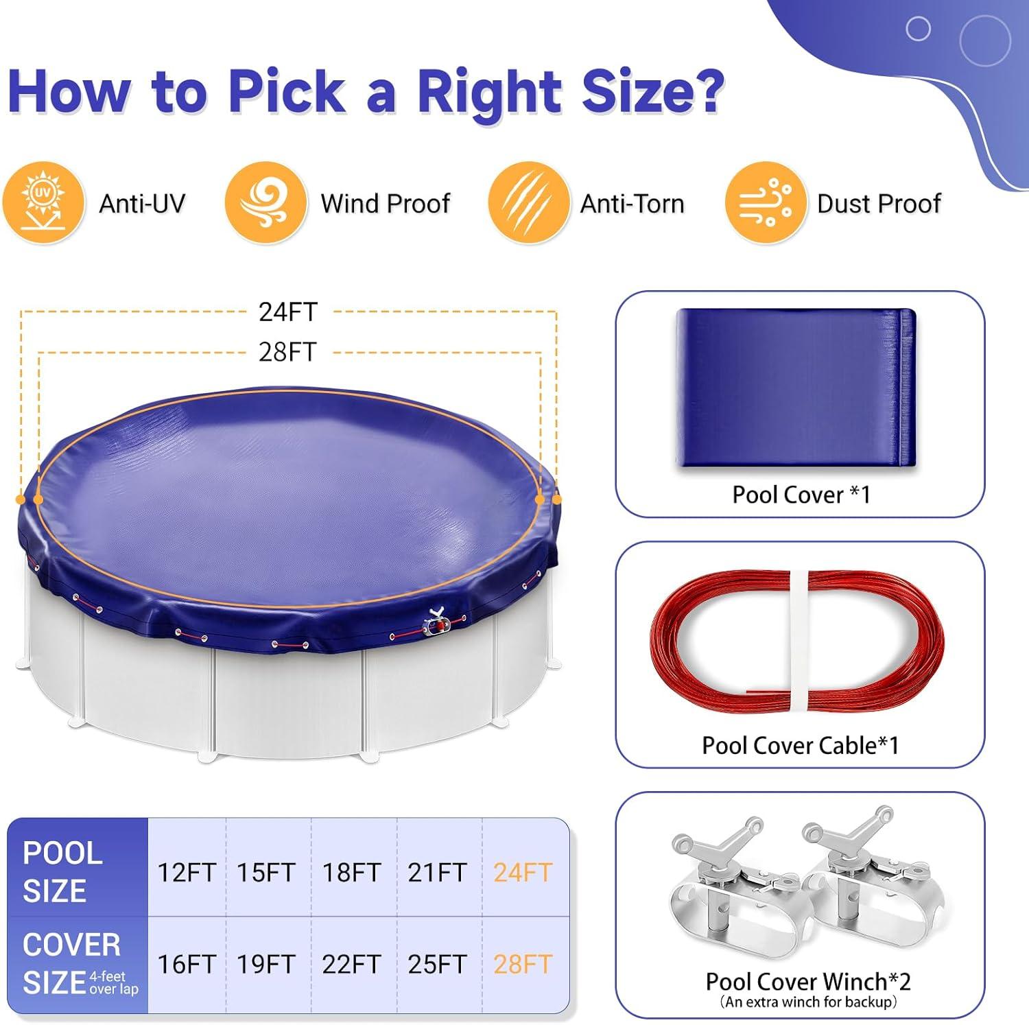 24ft Round Blue Above Ground Pool Cover with Steel Cable