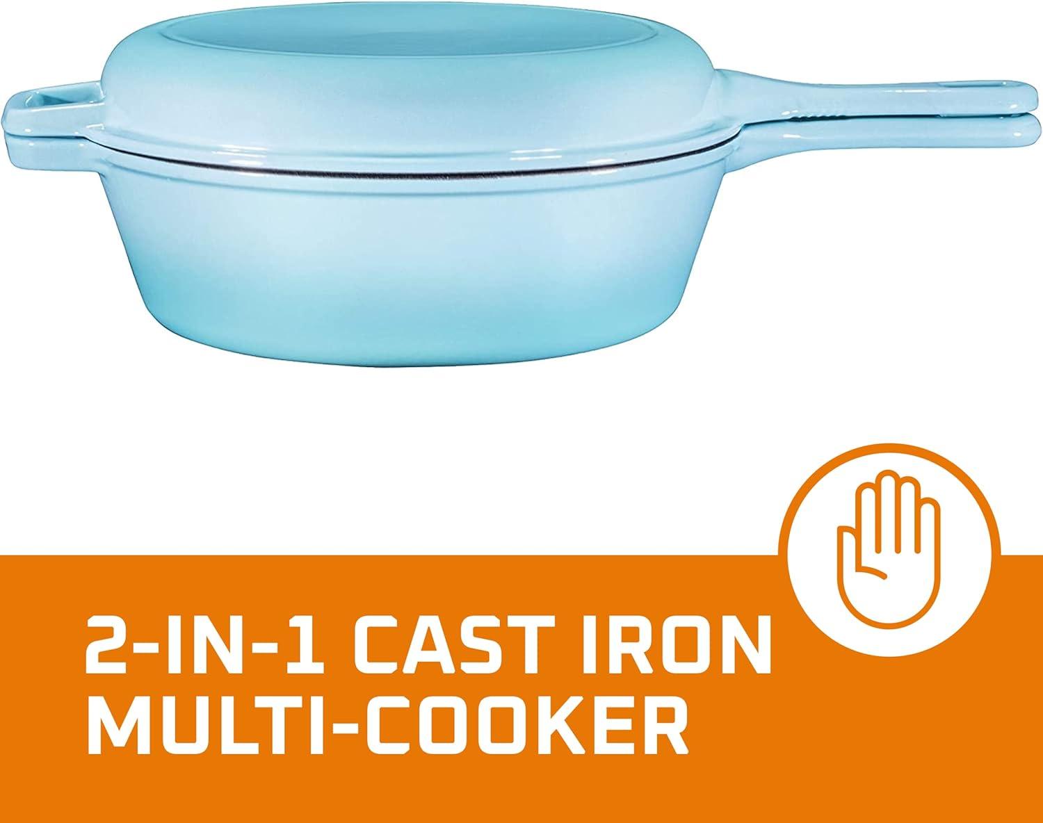 Bruntmor 2-in-1 Blue Pre-seasoned Cast Iron Dutch Oven and Skillet Set, 3 Quarts, Oven and Dishwasher Safe