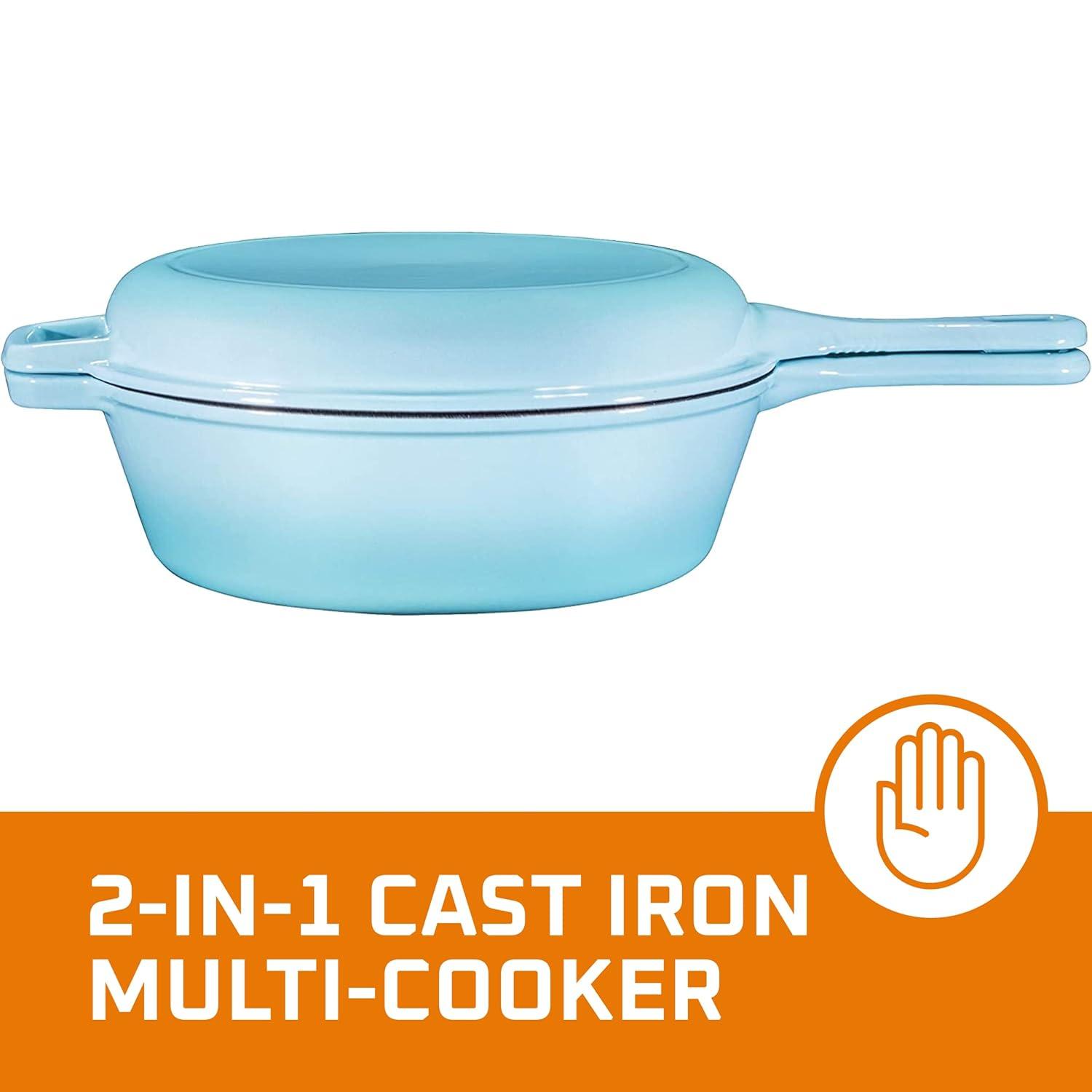 Bruntmor 2-in-1 Blue Pre-seasoned Cast Iron Dutch Oven and Skillet Set, 3 Quarts, Oven and Dishwasher Safe