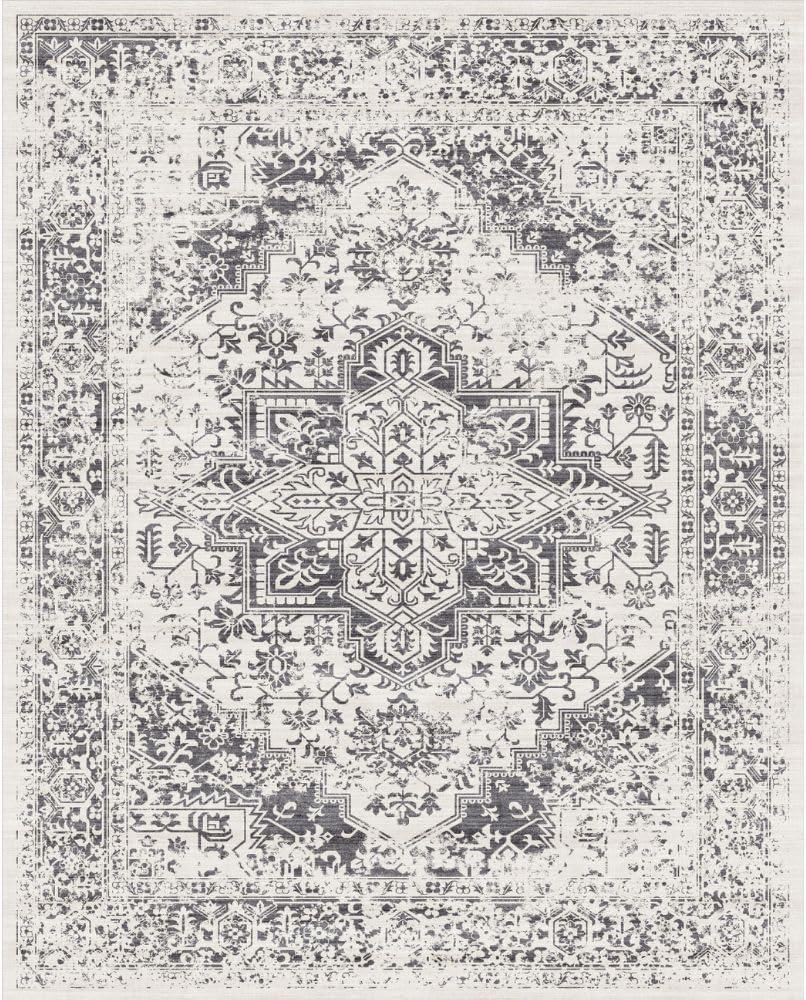 10x14 Large Area Rug - Vintage Washable Rug for Living Room with Non-Slip Low-Pile Traditional Medallion Border Rugs with Stain Resistant Foldable Retro Accent Indoor Thin Carpet