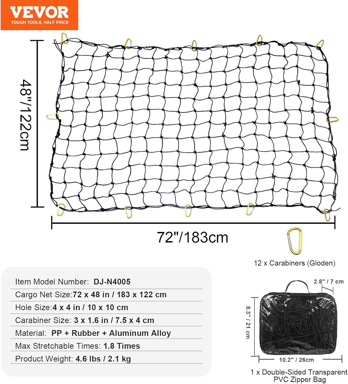 VEVOR Cargo Net for Pickup Truck Bed 4' x 6' Stretches to 7.2' x 10.8', Small 4"x4" Latex Bungee Net Mesh with 12 Steel D-Shaped Carabiners, Storage Bag, Suitable for Pickup, Jeep, SUV, Trailer