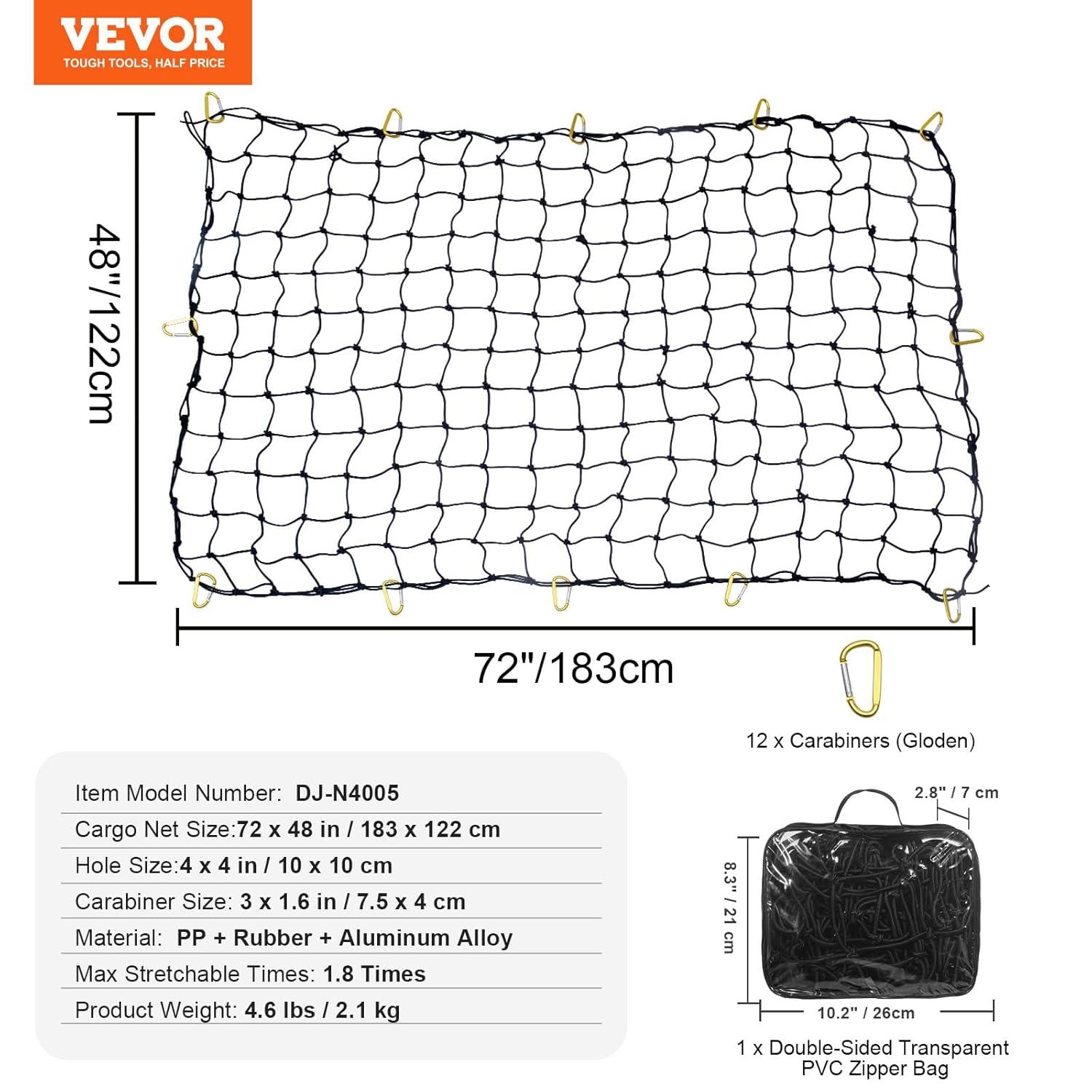 Cargo Net, 72 in. x 48 in., Heavy Duty Bungee Cargo Netting, 4 ft. x 6 ft., Rope, Stretches to 7.2 ft. x 10.8 ft.