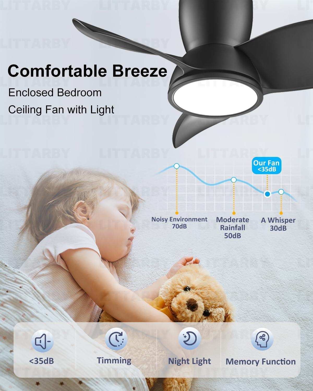 Ceiling Fans with Lights and Remote, 24 Inch Reversible Black Modern Dimmable 3CCT Flush Mount Ceiling Fans, Small Low Profile Ceiling Fan with Light for Bedroom, Kitchen, Living/Kids/Dining Room