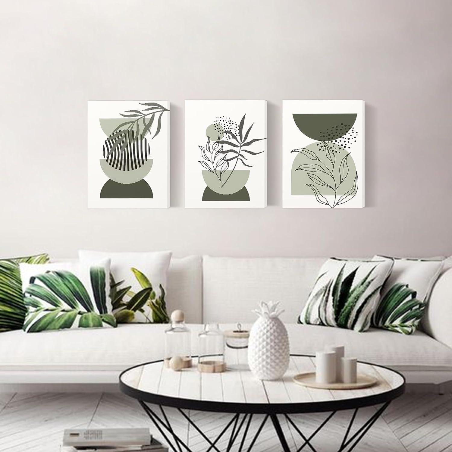 Sage Green Boho Wall Art Set of 3, Minimalist Framed Wall Art Geometric Line Leaf Sun Moon Beige Green Canvas Artwork Paintings, Abstract Botanical Boho Room Decor, Sage Green Wall Posters 12"x16"