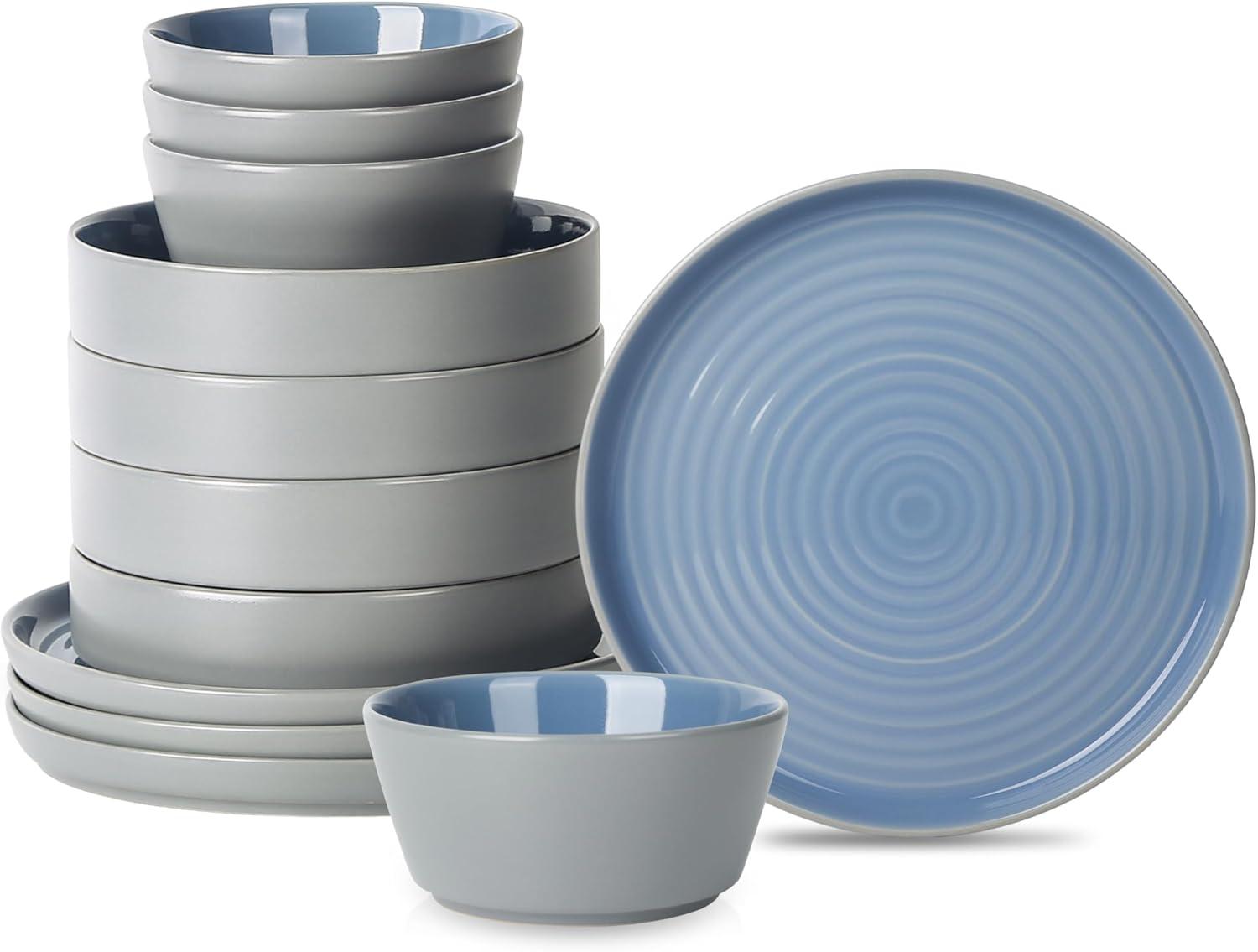 Elica 12-Piece Blue and Grey Ceramic Dinnerware Set