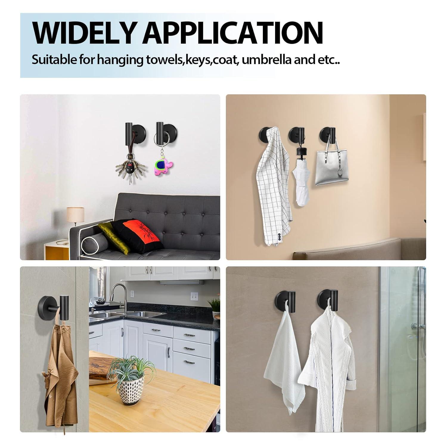 Kruodop Towel Hooks for Bathroom,6 Packs Wall Mount Towel Holder,Black Matte Wall Robe Hook,Stainless Steel Heavy Duty Door Hanger Towel Hook for Kitchen, Bedroom,Hotel,Pool,Coats - Black