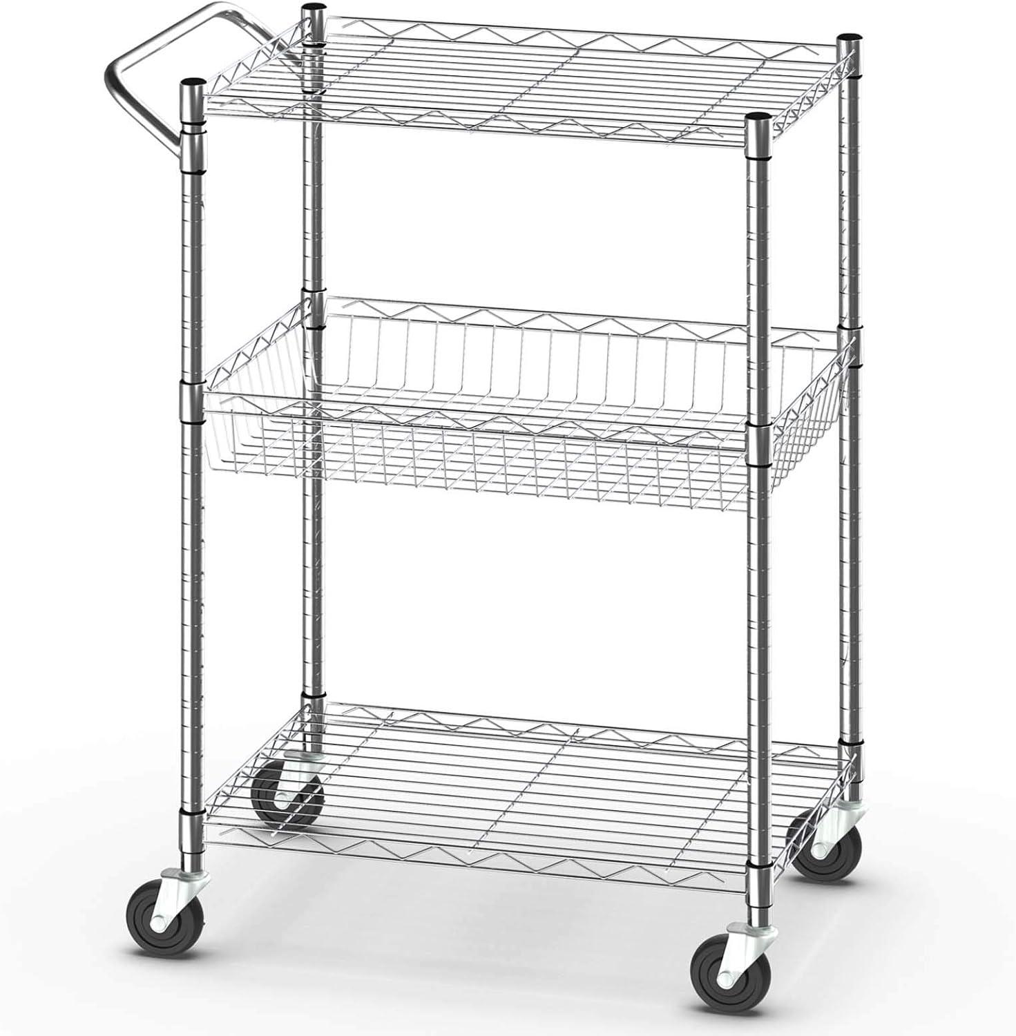 Silver 3-Tier Heavy Duty Steel Rolling Utility Cart