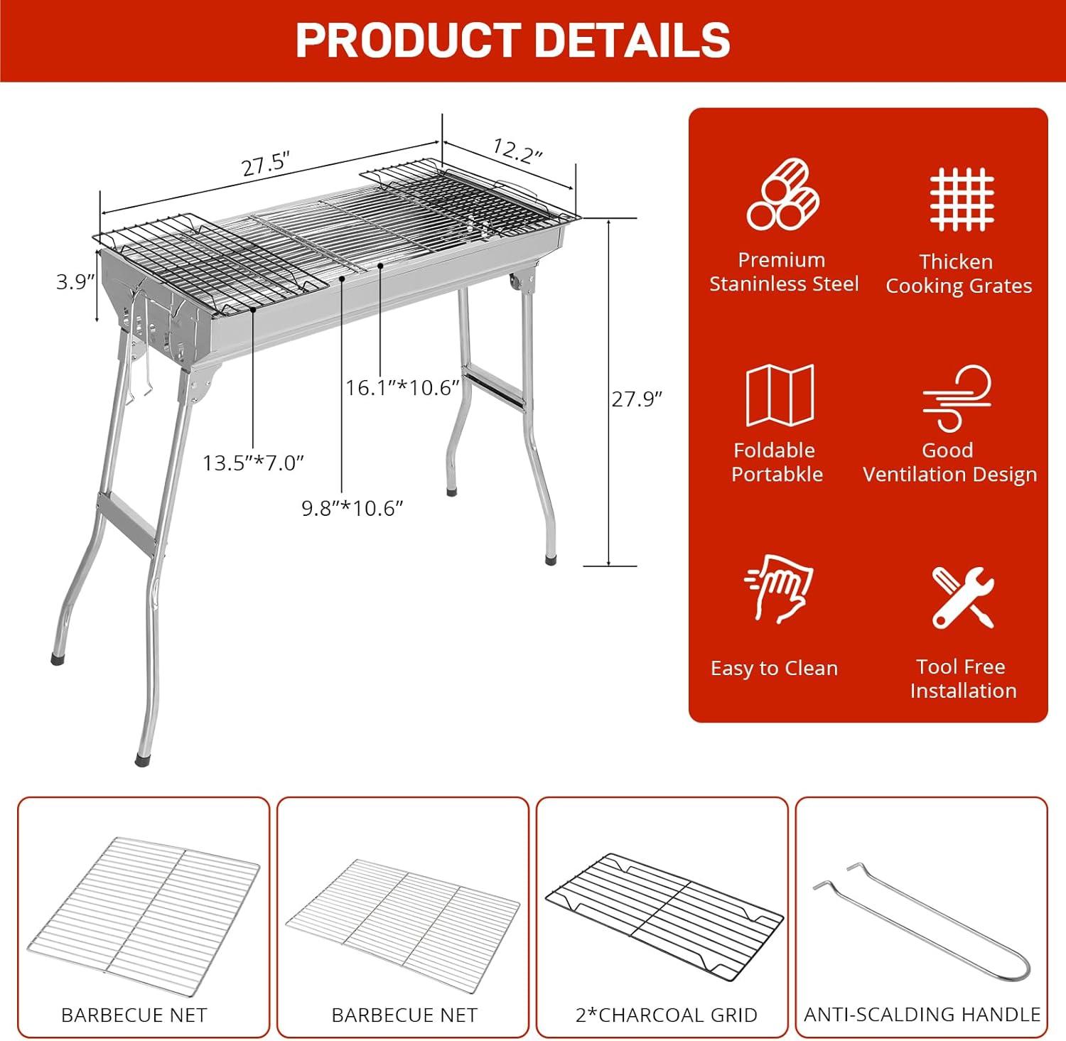 Portable Charcoal Grill, 28x 13 x 27" Foldable Barbecue Grill, Stainless Steel BBQ Grill for Outdoor Cooking Camping Hiking Picnic Garden Beach Party