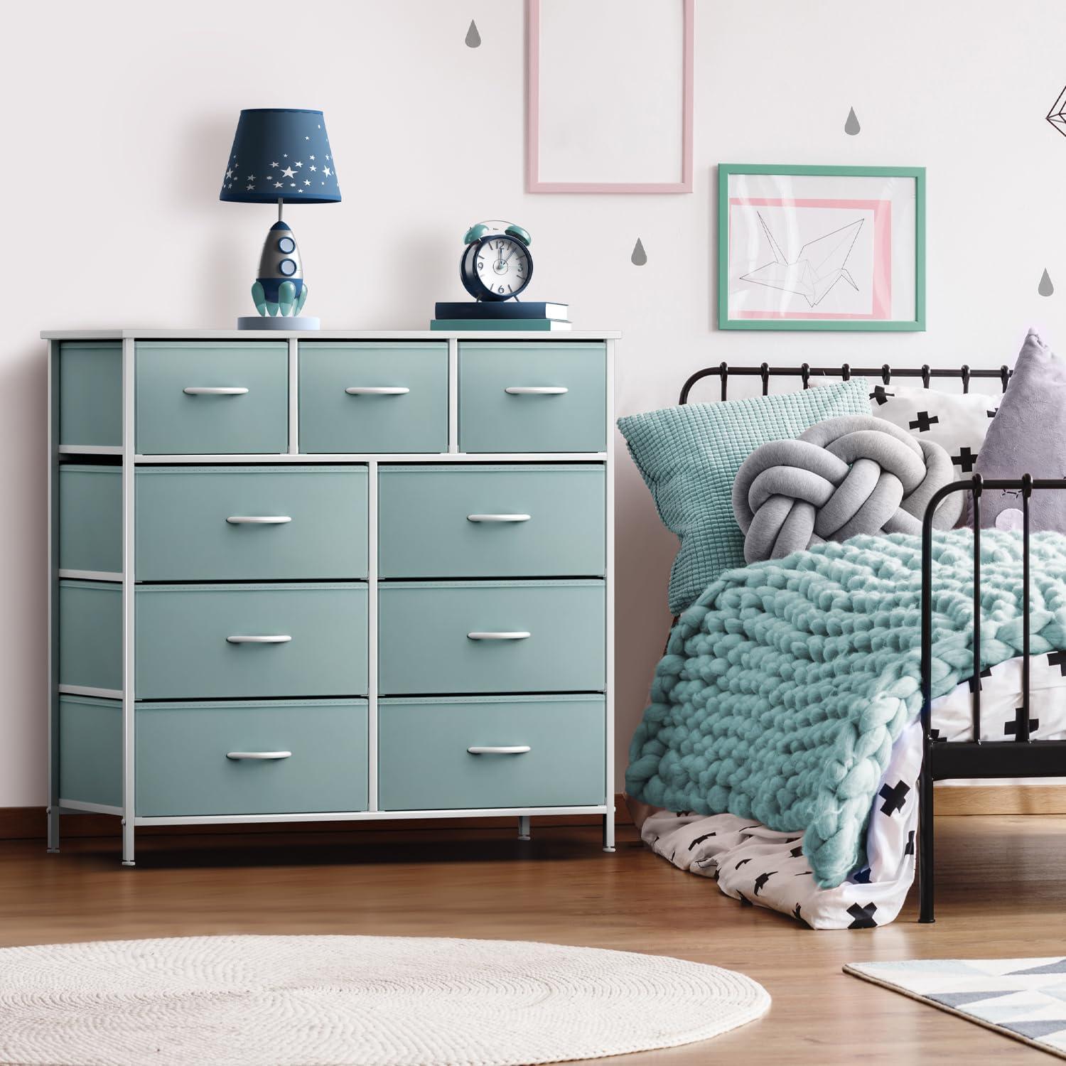 Aqua 9-Drawer Steel Frame Nursery Dresser with Fabric Bins