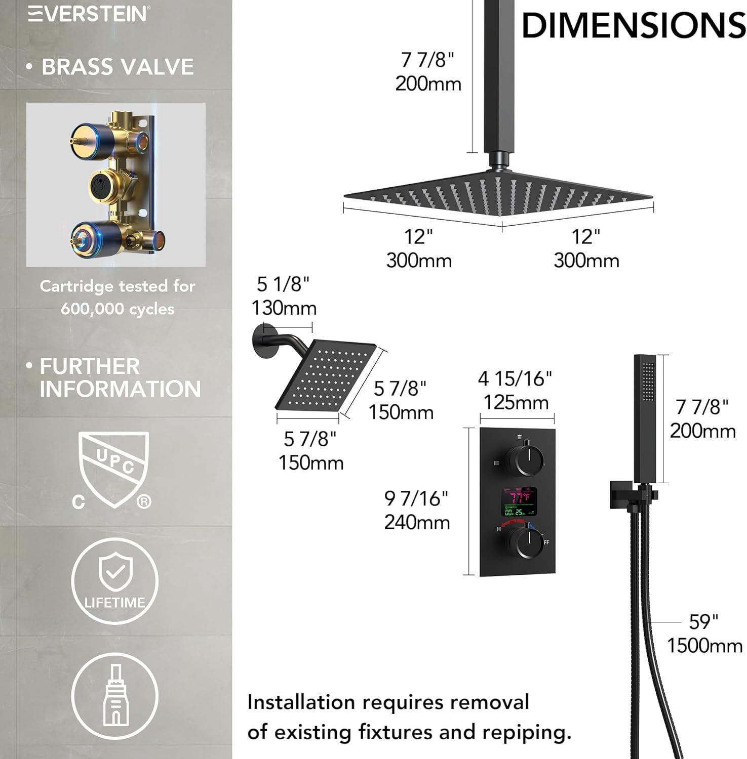 Pressure Balancing Shower Faucet 12" High-Pressure Dual Showerheads with LCD Display