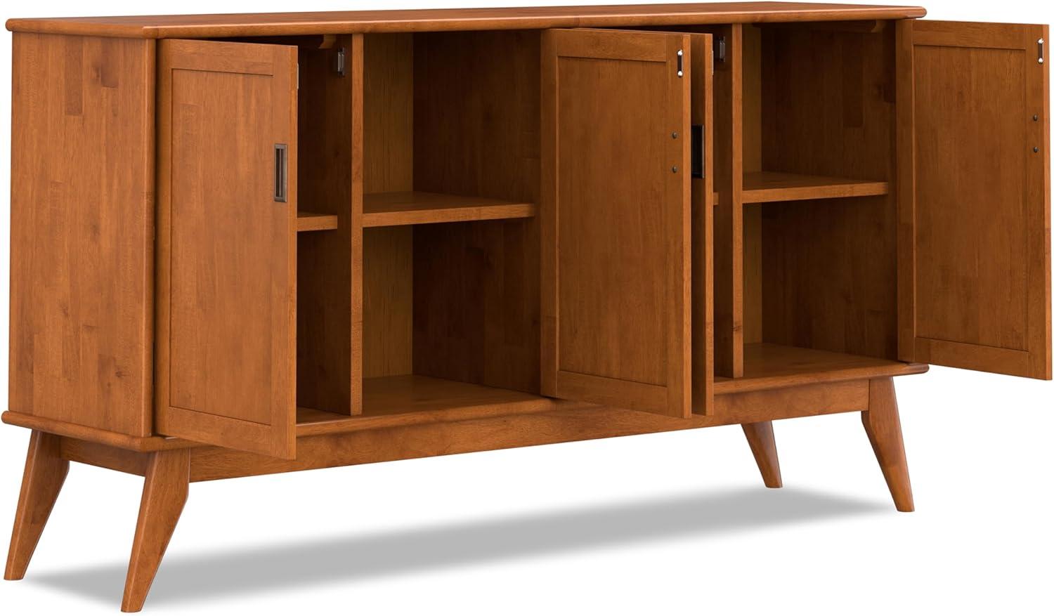 Simpli Home Draper Solid Hardwood Mid Century 4 Door Sideboard Buffet In Teak Brown