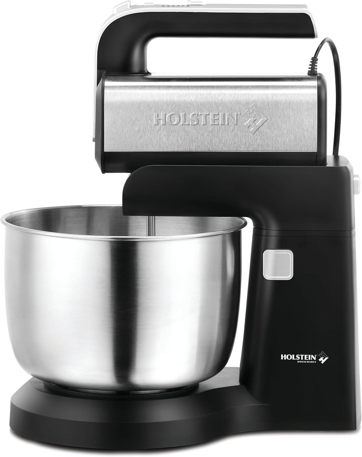 Holstein Housewares 2.9 QT 5-Speed Hand and Stand Mixer with LED Light, Black/Stainless Steel