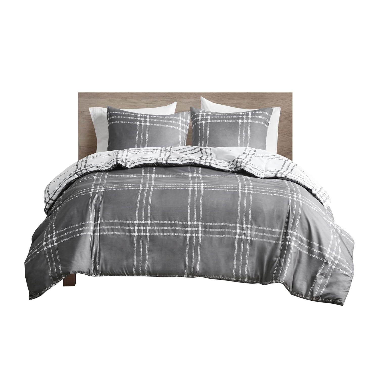 King Gray Microfiber Reversible Plaid Duvet Cover Set