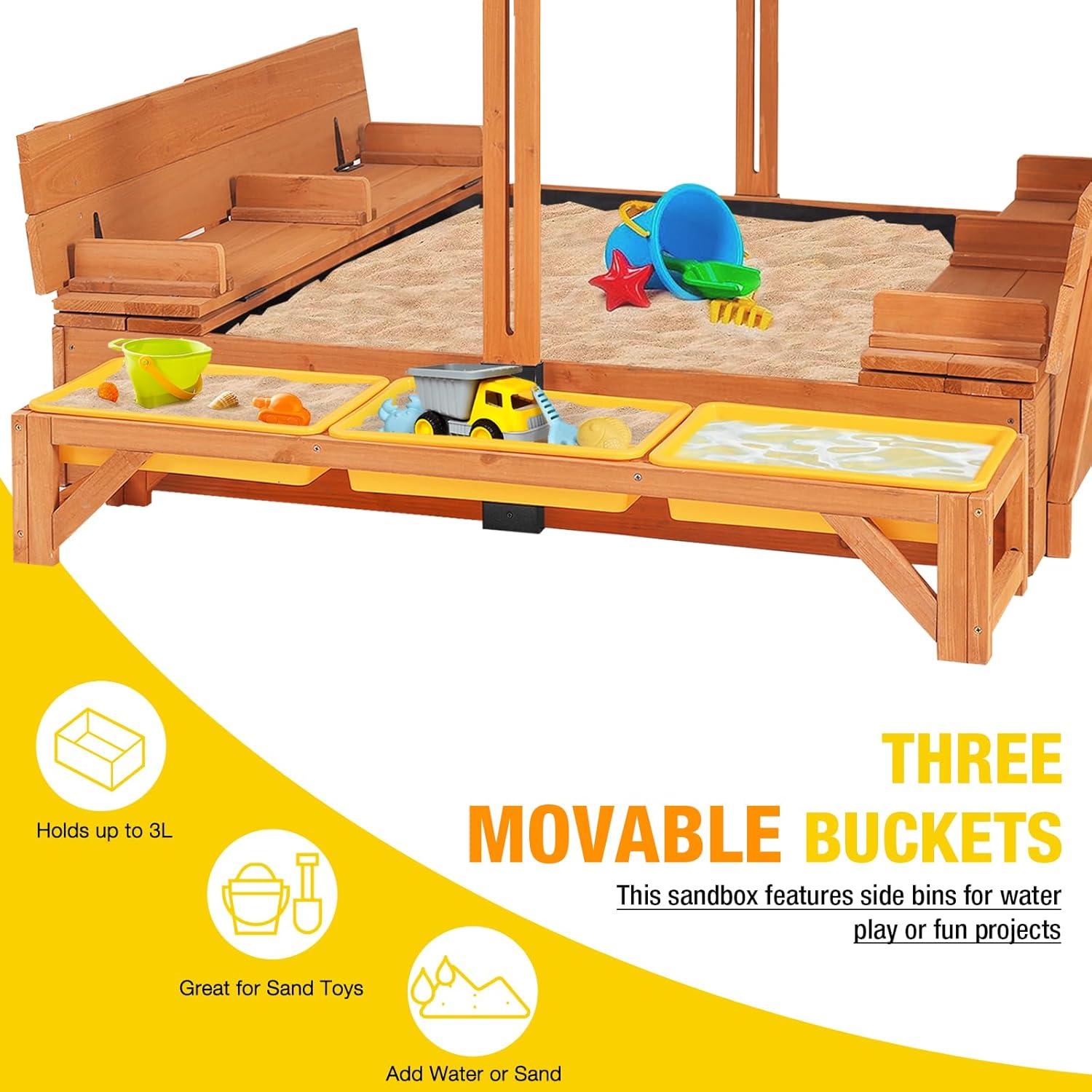 Large Wooden Sandbox with Adjustable Canopy and Toy Bin Storage