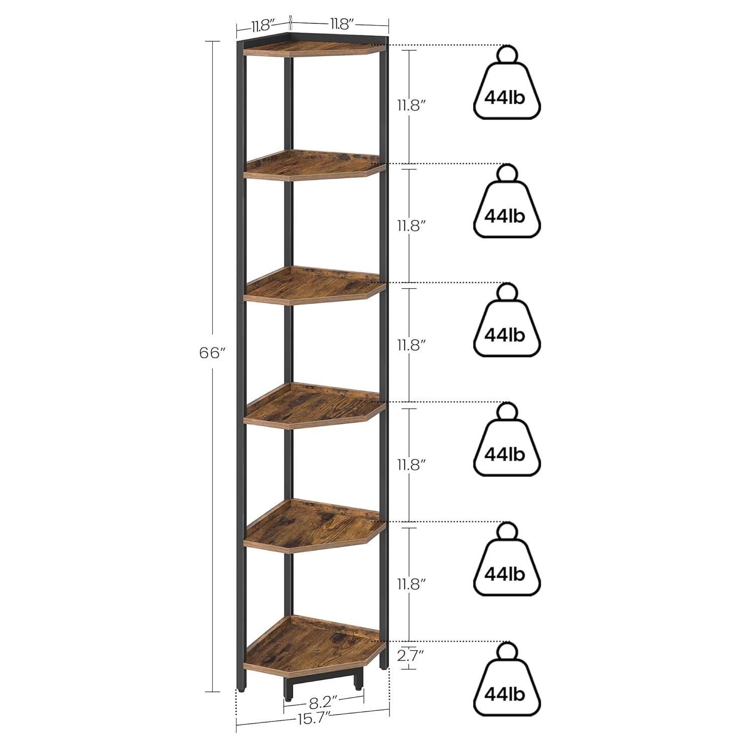 Corner Shelf Stand, Corner Bookshelf, Storage Standing Shelf Unit with Metal Frame, Plant Stand, Corner Bookcase for Living Room, Home Office, Bedroom, 4-Tier Rustic Brown CS05801B