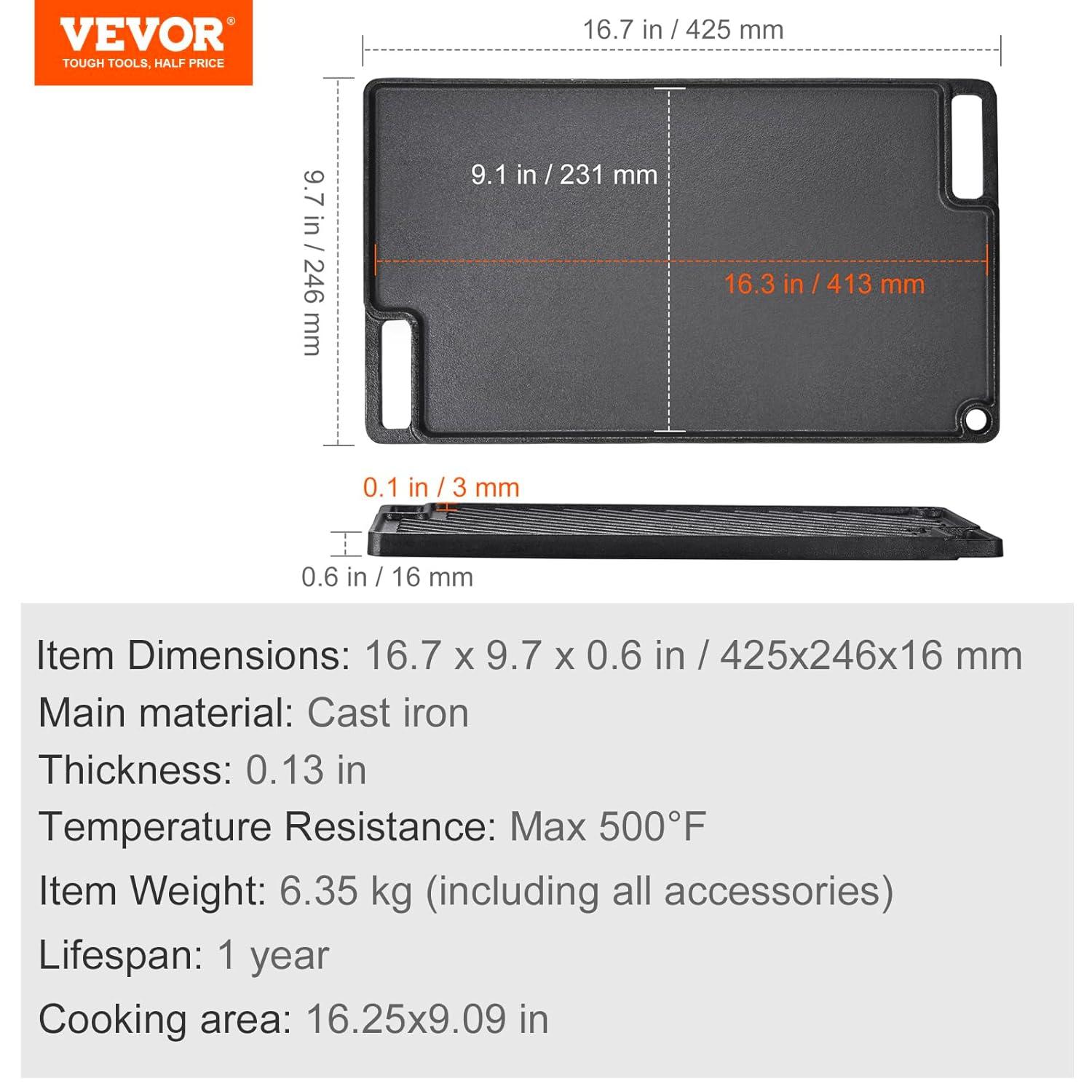 VEVOR Reversible Grill/Griddle, 14x8.5 inch Pre-Seasoned Cast Iron Griddle, Portable Rectangular Pan with Handle, Family Cookware for Indoor/Outdoor Stove Top Burner, Gas, Camping BBQ, Black