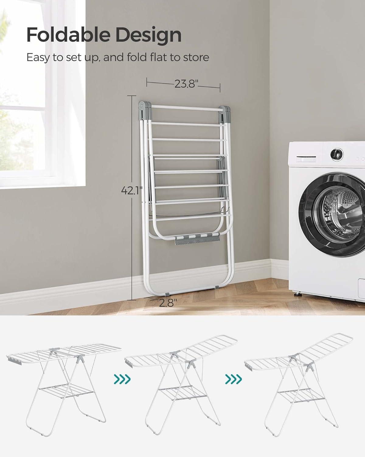 SONGMICS Clothes Drying Rack with Sock Clips Foldable Laundry Rack with Height-Adjustable Gullwings Space-Saving White and Gray