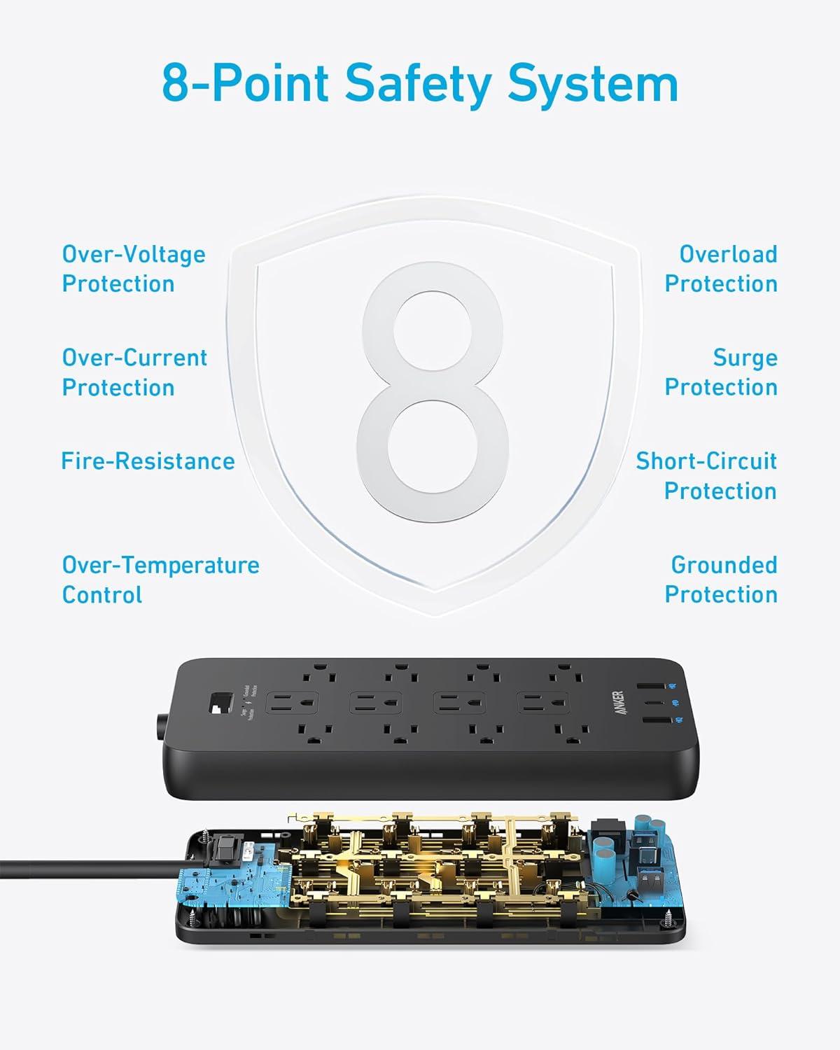 Black 12-Outlet Power Strip with USB Ports and Surge Protection