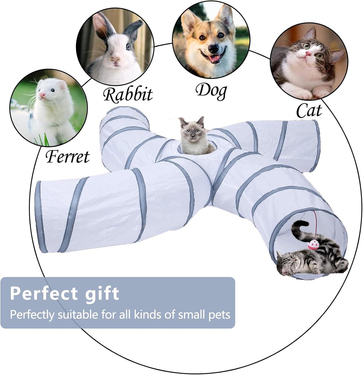 EGETOTA Cat Tunnel for Indoor Cats Large, with Play Ball S-Shape 4 Way Collapsible Interactive Peek Hole Pet Tube Toys, Puppy, Kitty, Kitten, Rabbit (S4 - White & Grey)