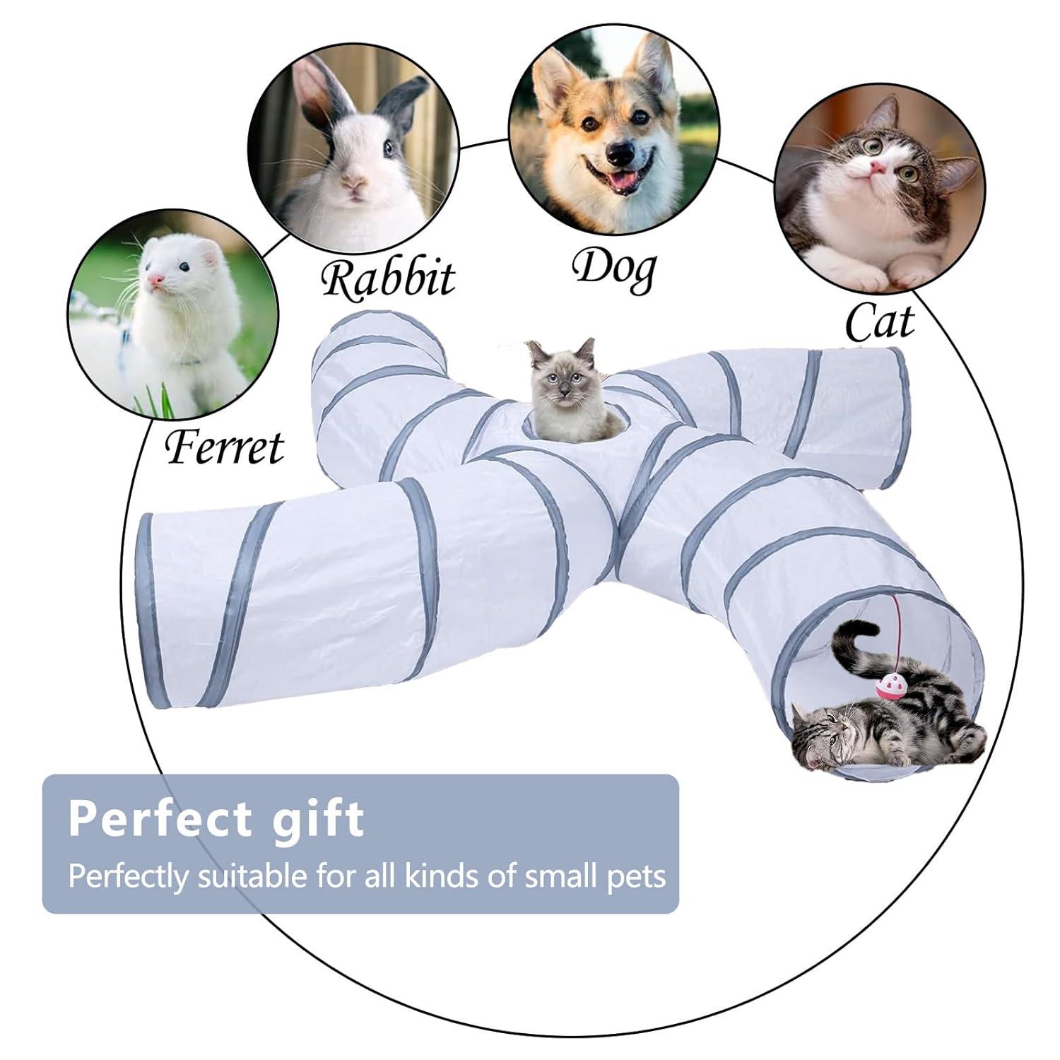 EGETOTA Cat Tunnel for Indoor Cats Large, with Play Ball S-Shape 4 Way Collapsible Interactive Peek Hole Pet Tube Toys, Puppy, Kitty, Kitten, Rabbit (S4 - White & Grey)