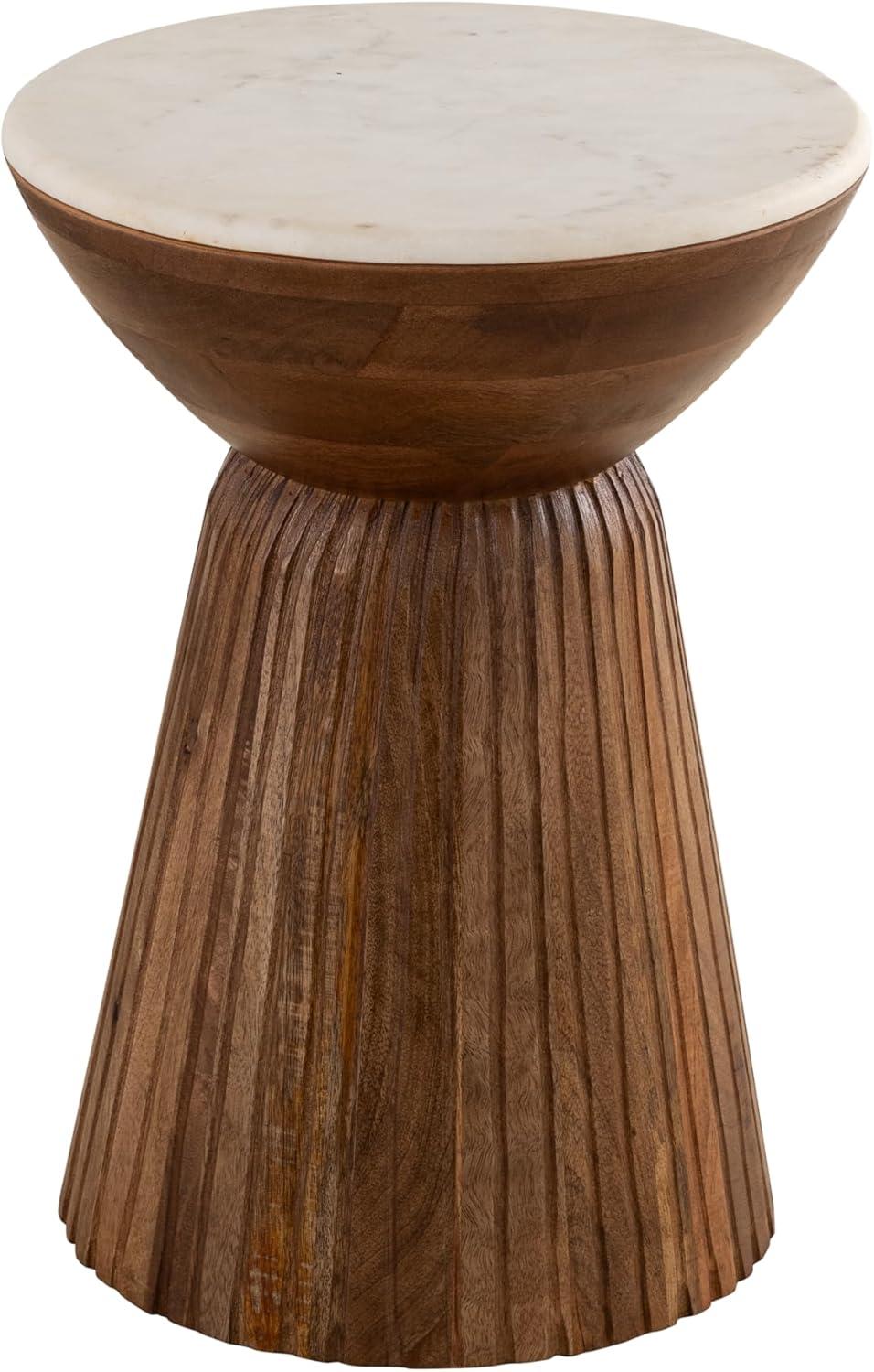 Round Marble Top Solid Mango Wood Decorative Cylindrical Base Side/End Table,Contemprary Accent Side/End Table,Fully Assembled, for The Living Room and Bedroom Gray