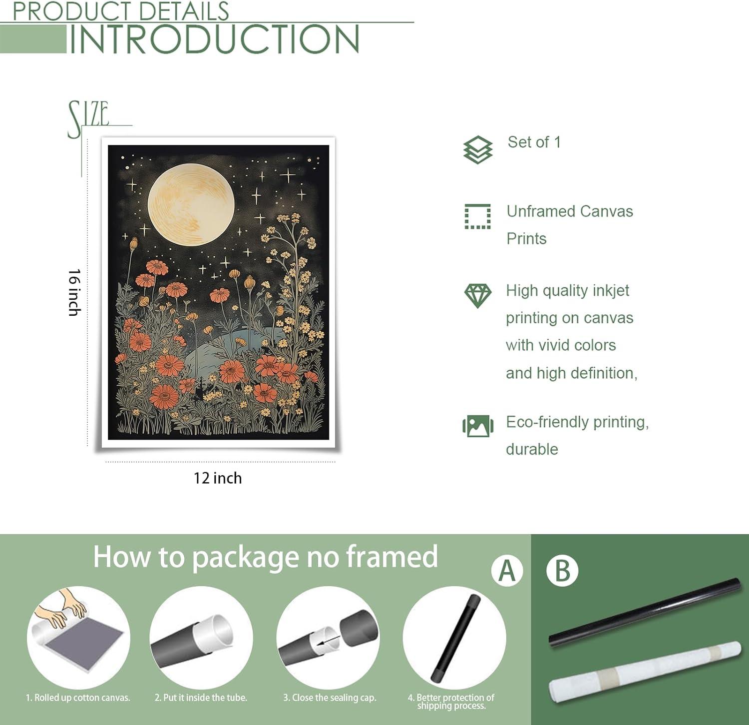 Celestial Star Canvas Wall Art，Vintage Poster，Dark Aesthetic Moon Stars and Flowers Decor, Prints Goth Room Picture Witchy Gothic Wall Decor for Living Room Bedroom 12 x 16 in Unframed