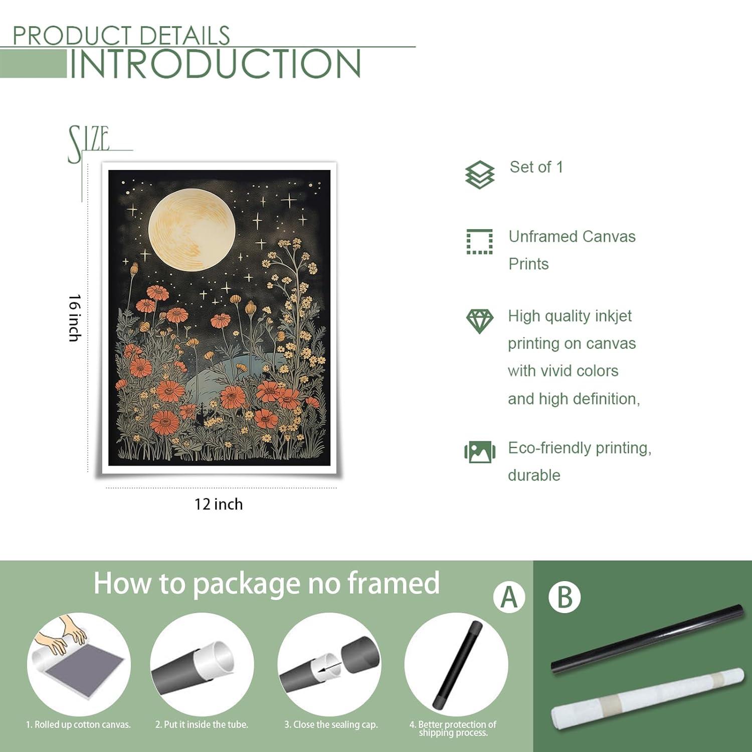 Celestial Star Canvas Wall Art，Vintage Poster，Dark Aesthetic Moon Stars and Flowers Decor, Prints Goth Room Picture Witchy Gothic Wall Decor for Living Room Bedroom 12 x 16 in Unframed