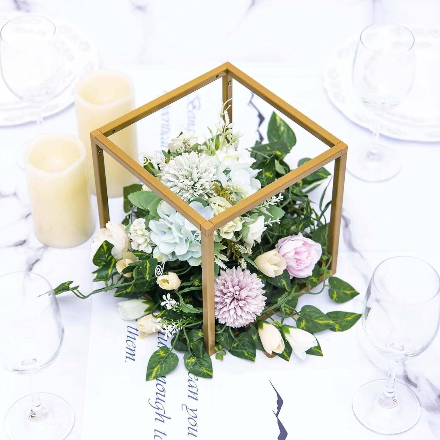 Efavormart 2 Pack 8" Square Gold Wedding Flower Stand Metal Column Stand Geometric Cube Vase