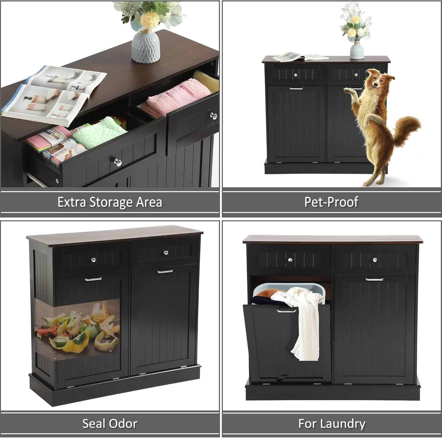 Black Double Tilt Out Trash Cabinet with Countertop and Drawer